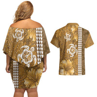 Gold Hibiscus Turle Couples Matching Off Shoulder Short Dress and Hawaiian Shirt Hawaiian Style Tribal Tapa Pattern LT9 - Polynesian Pride