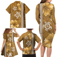 Gold Hibiscus Turle Family Matching Long Sleeve Bodycon Dress and Hawaiian Shirt Hawaiian Style Tribal Tapa Pattern
