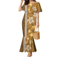 Gold Hibiscus Turle Family Matching Mermaid Dress and Hawaiian Shirt Hawaiian Style Tribal Tapa Pattern