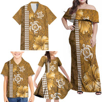Gold Hibiscus Turle Family Matching Off Shoulder Maxi Dress and Hawaiian Shirt Hawaiian Style Tribal Tapa Pattern