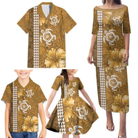 Gold Hibiscus Turle Family Matching Puletasi and Hawaiian Shirt Hawaiian Style Tribal Tapa Pattern