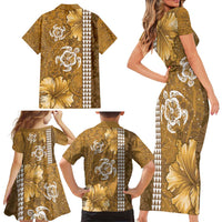 Gold Hibiscus Turle Family Matching Short Sleeve Bodycon Dress and Hawaiian Shirt Hawaiian Style Tribal Tapa Pattern