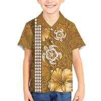 Gold Hibiscus Turle Family Matching Short Sleeve Bodycon Dress and Hawaiian Shirt Hawaiian Style Tribal Tapa Pattern