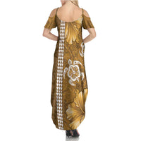 Gold Hibiscus Turle Family Matching Summer Maxi Dress and Hawaiian Shirt Hawaiian Style Tribal Tapa Pattern