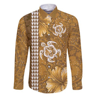 Gold Hibiscus Turle Family Matching Tank Maxi Dress and Hawaiian Shirt Hawaiian Style Tribal Tapa Pattern