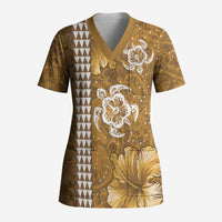 Gold Hibiscus Turle Scrub Top Hawaiian Style Tribal Tapa Pattern - Polynesian Pride
