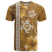 Gold Hibiscus Turle T Shirt Hawaiian Style Tribal Tapa Pattern