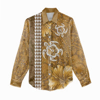 Gold Hibiscus Turle Women Casual Shirt Hawaiian Style Tribal Tapa Pattern