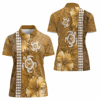 Gold Hibiscus Turle Women Polo Shirt Hawaiian Style Tribal Tapa Pattern