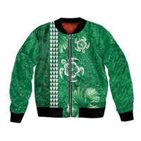 Green Hibiscus Turle Bomber Jacket Hawaiian Style Tribal Tapa Pattern