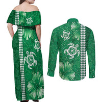Green Hibiscus Turle Couples Matching Off Shoulder Maxi Dress and Long Sleeve Button Shirt Hawaiian Style Tribal Tapa Pattern