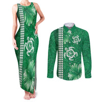 Green Hibiscus Turle Couples Matching Tank Maxi Dress and Long Sleeve Button Shirt Hawaiian Style Tribal Tapa Pattern LT9 Green - Polynesian Pride