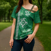 Green Hibiscus Turle Cross Shoulder Shirt Hawaiian Style Tribal Tapa Pattern - Polynesian Pride