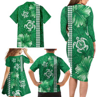 Green Hibiscus Turle Family Matching Long Sleeve Bodycon Dress and Hawaiian Shirt Hawaiian Style Tribal Tapa Pattern