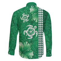 Green Hibiscus Turle Family Matching Long Sleeve Bodycon Dress and Hawaiian Shirt Hawaiian Style Tribal Tapa Pattern