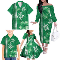 Green Hibiscus Turle Family Matching Off The Shoulder Long Sleeve Dress and Hawaiian Shirt Hawaiian Style Tribal Tapa Pattern