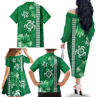 Green Hibiscus Turle Family Matching Off The Shoulder Long Sleeve Dress and Hawaiian Shirt Hawaiian Style Tribal Tapa Pattern