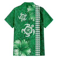 Green Hibiscus Turle Family Matching Off The Shoulder Long Sleeve Dress and Hawaiian Shirt Hawaiian Style Tribal Tapa Pattern