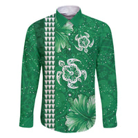 Green Hibiscus Turle Family Matching Off The Shoulder Long Sleeve Dress and Hawaiian Shirt Hawaiian Style Tribal Tapa Pattern
