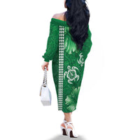 Green Hibiscus Turle Family Matching Off The Shoulder Long Sleeve Dress and Hawaiian Shirt Hawaiian Style Tribal Tapa Pattern