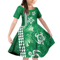 Green Hibiscus Turle Family Matching Off Shoulder Short Dress and Hawaiian Shirt Hawaiian Style Tribal Tapa Pattern