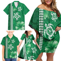 Green Hibiscus Turle Family Matching Off Shoulder Short Dress and Hawaiian Shirt Hawaiian Style Tribal Tapa Pattern