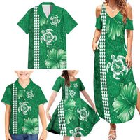 Green Hibiscus Turle Family Matching Summer Maxi Dress and Hawaiian Shirt Hawaiian Style Tribal Tapa Pattern