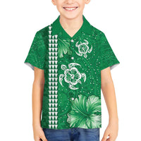 Green Hibiscus Turle Family Matching Summer Maxi Dress and Hawaiian Shirt Hawaiian Style Tribal Tapa Pattern