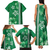 Green Hibiscus Turle Family Matching Tank Maxi Dress and Hawaiian Shirt Hawaiian Style Tribal Tapa Pattern