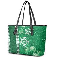 Green Hibiscus Turle Leather Tote Bag Hawaiian Style Tribal Tapa Pattern