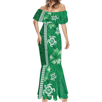 Green Hibiscus Turle Mermaid Dress Hawaiian Style Tribal Tapa Pattern