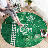Green Hibiscus Turle Round Carpet Hawaiian Style Tribal Tapa Pattern