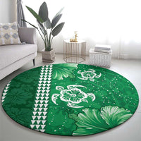 Green Hibiscus Turle Round Carpet Hawaiian Style Tribal Tapa Pattern