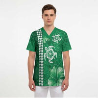 Green Hibiscus Turle Scrub Top Hawaiian Style Tribal Tapa Pattern - Polynesian Pride