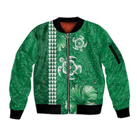 Green Hibiscus Turle Sleeve Zip Bomber Jacket Hawaiian Style Tribal Tapa Pattern