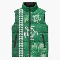 Green Hibiscus Turle Sleeveless Puffer Jacket Hawaiian Style Tribal Tapa Pattern - Polynesian Pride