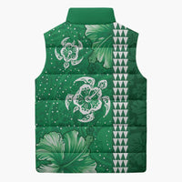 Green Hibiscus Turle Sleeveless Puffer Jacket Hawaiian Style Tribal Tapa Pattern - Polynesian Pride