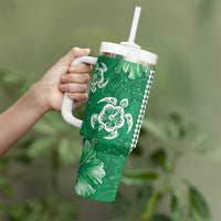 Green Hibiscus Turle Tumbler With Handle Hawaiian Style Tribal Tapa Pattern