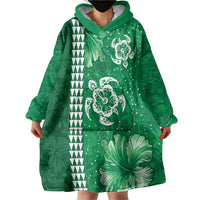 Green Hibiscus Turle Wearable Blanket Hoodie Hawaiian Style Tribal Tapa Pattern