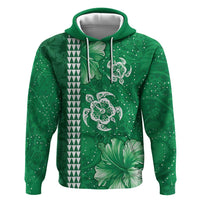 Green Hibiscus Turle Zip Hoodie Hawaiian Style Tribal Tapa Pattern