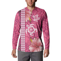 Pink Hibiscus Turle Button Sweatshirt Hawaiian Style Tribal Tapa Pattern