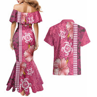 Pink Hibiscus Turle Couples Matching Mermaid Dress and Hawaiian Shirt Hawaiian Style Tribal Tapa Pattern