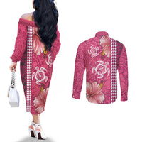 Pink Hibiscus Turle Couples Matching Off The Shoulder Long Sleeve Dress and Long Sleeve Button Shirt Hawaiian Style Tribal Tapa Pattern