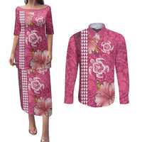 Pink Hibiscus Turle Couples Matching Puletasi and Long Sleeve Button Shirt Hawaiian Style Tribal Tapa Pattern