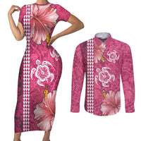 Pink Hibiscus Turle Couples Matching Short Sleeve Bodycon Dress and Long Sleeve Button Shirt Hawaiian Style Tribal Tapa Pattern