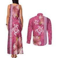 Pink Hibiscus Turle Couples Matching Tank Maxi Dress and Long Sleeve Button Shirt Hawaiian Style Tribal Tapa Pattern