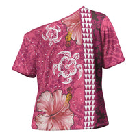 Pink Hibiscus Turle Cross Shoulder Shirt Hawaiian Style Tribal Tapa Pattern - Polynesian Pride