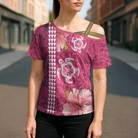 Pink Hibiscus Turle Cross Shoulder Shirt Hawaiian Style Tribal Tapa Pattern - Polynesian Pride