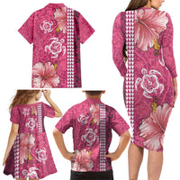 Pink Hibiscus Turle Family Matching Long Sleeve Bodycon Dress and Hawaiian Shirt Hawaiian Style Tribal Tapa Pattern