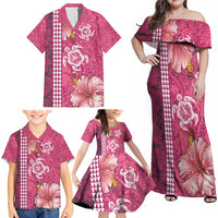 Pink Hibiscus Turle Family Matching Off Shoulder Maxi Dress and Hawaiian Shirt Hawaiian Style Tribal Tapa Pattern